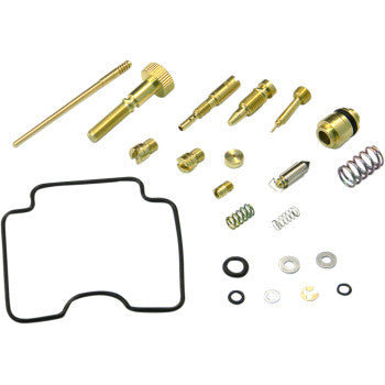 The Suzuki Carburetor Repair Kit by Shindy includes brass jets, jet needle sets, screws, springs, float valves, washers, o-rings, and a black rubber gasket—all neatly arranged on a white background.