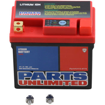Compact rectangular lithium-ion battery with red top, black body, and Parts Unlimited branding in blue and red text.