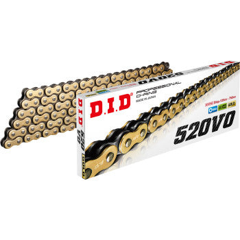 Gold and black 520 VO drive chain with 100 links, displayed alongside white and red branded packaging.