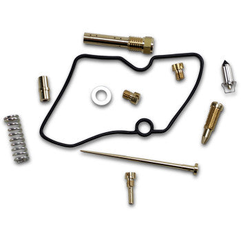 The Arctic Cat Carburetor Repair Kit by Shindy includes gasket, springs, jets, float valves, screws, needle, and small metal parts arranged on a white background.