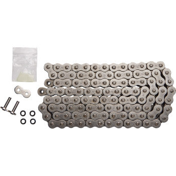 The 530 X1R Heavy Duty Drive Chain 108 Links by JT Chains is shown coiled on a white background with two screws, washers, a connecting link, and a small plastic bag displayed beside it.