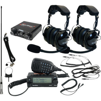 The Intercom Radio and Headset Kit 2 Seat Black by Navatlas includes two black noise cancelling headsets with microphones, a high fidelity intercom radio transceiver, cables, antenna, control box, and adapters arranged on a white background.