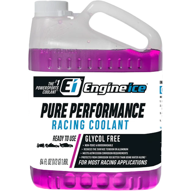 A clear plastic jug of Engine Ice Pure Performance Racing Coolant 1/2 Gal, filled with bright purple liquid. The label notes its glycol-free, corrosion-protective, ready-to-use formula and racing performance benefits.
