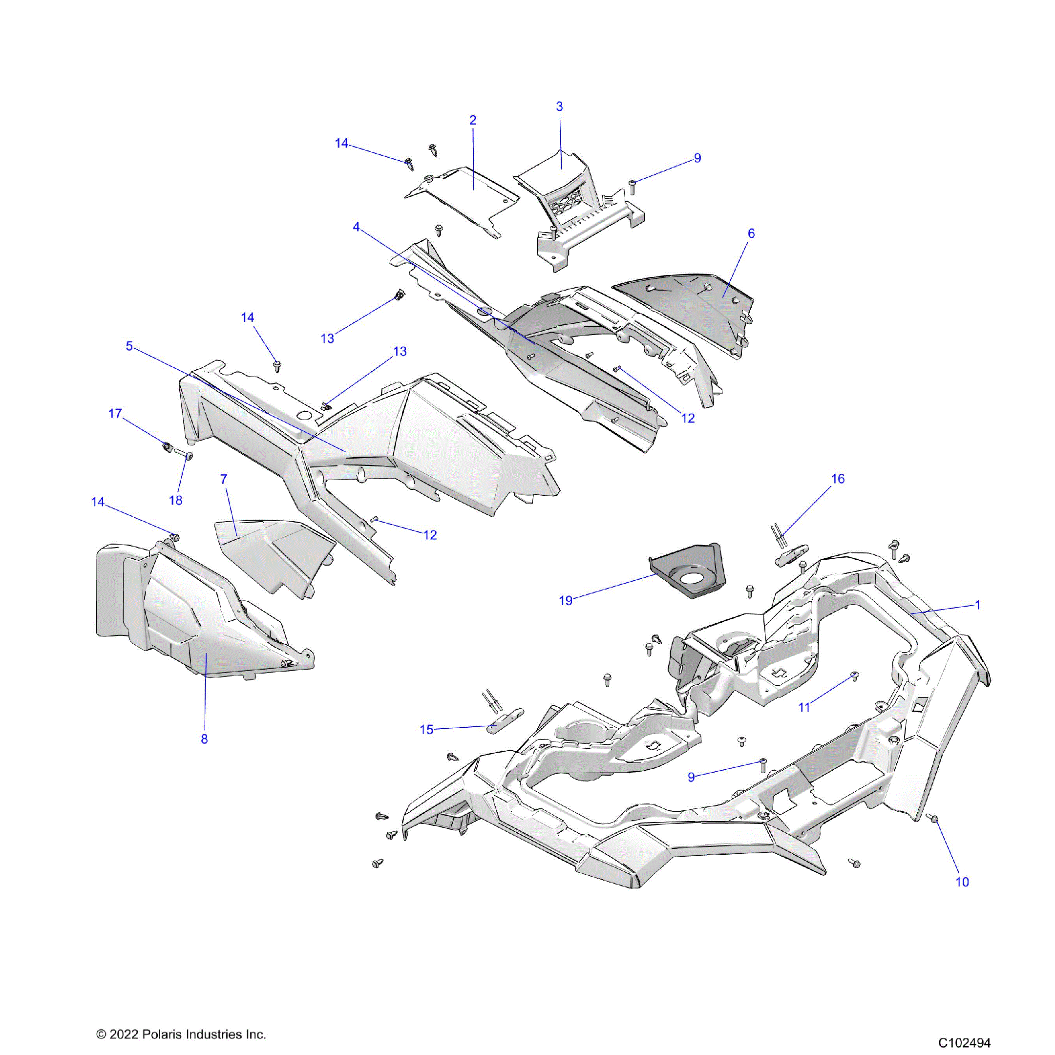 An Image of a Genuine Polaris Parts Schematic Diagram showing the schematic - BODY: FRONT CAB and SIDE PANELS - 2020 POLARIS SPORTSMAN XP 1000 S 55"