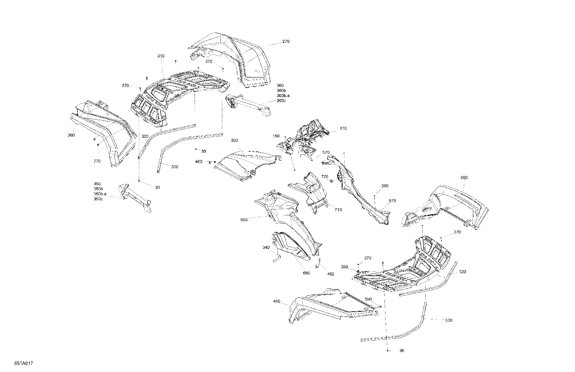 An Image of a Genuine Can-Am Parts Schematic Diagram showing the schematic - BODY - FENDER KIT