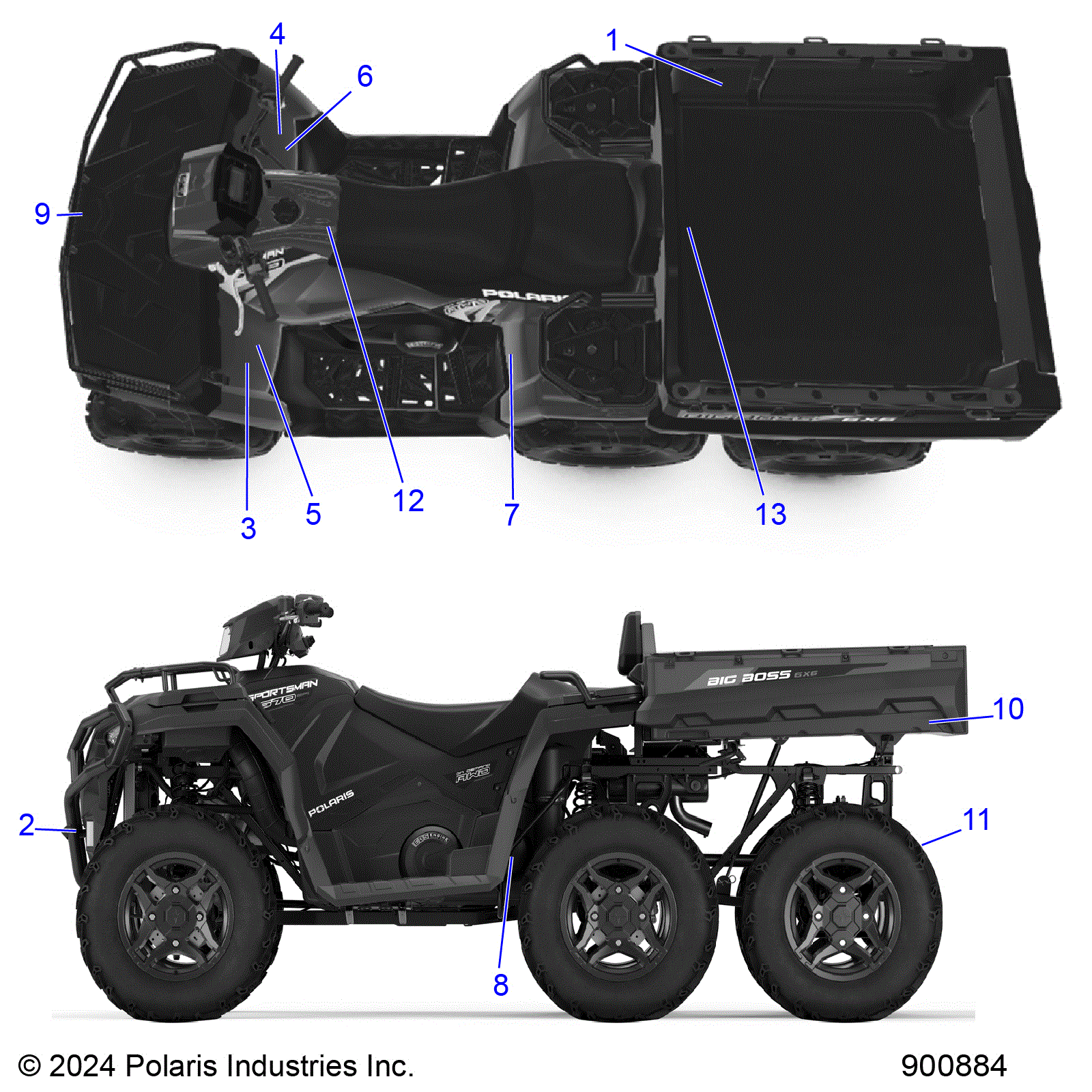 An Image of a Genuine Polaris Parts Schematic Diagram showing the schematic - BODY: DECALS STANDARD - 2025 POLARIS SPORTSMAN 570 6X6 EPS 49S