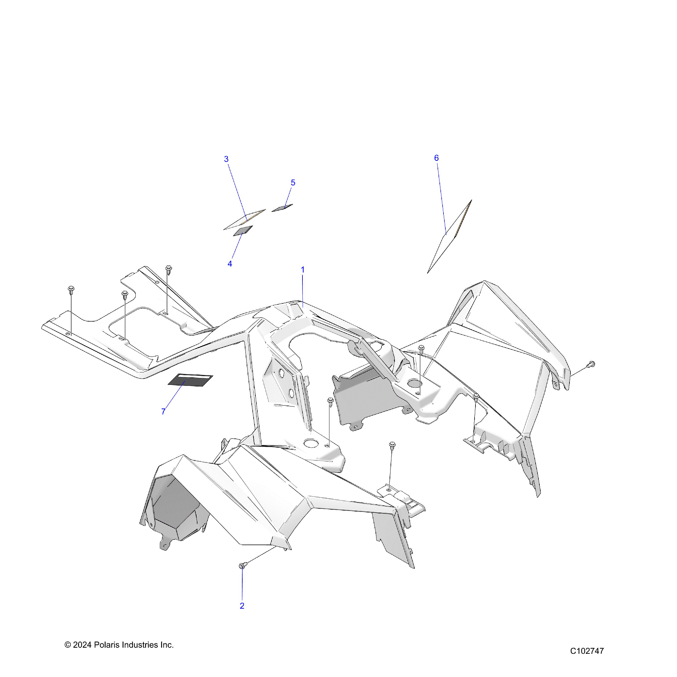 An Image of a Genuine Polaris Parts Schematic Diagram showing the schematic - BODY: FRONT CAB - 2025 POLARIS SCRAMBLER XP 1000 55 LLP 49S
