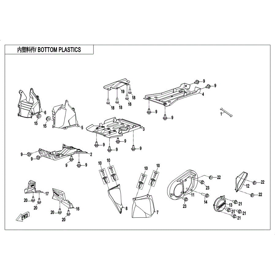 An Image of a genuine CFMOTO Parts Schematic Diagram showing the group - BOTTOM PLASTICS - 2019 CFMOTO CFORCE 400