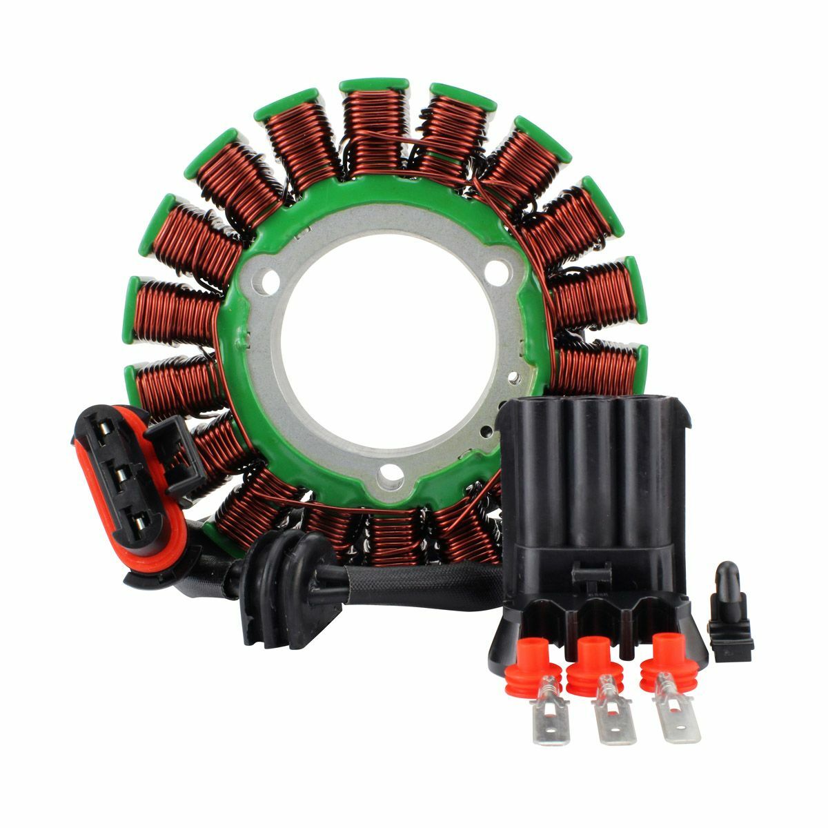 Circular stator coil with copper wire windings and a black electrical connector with red and silver terminals, designed for.