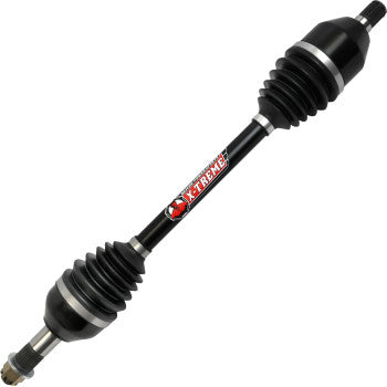 The Polaris RZR Axle X-Treme Heavy Duty Long Travel Front Left & Right by Demon is a black 4340 chromoly CV axle with durable joints, protective rubber boots on both ends, and a red X-TREME logo in the center.