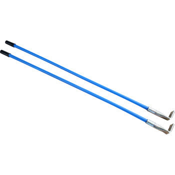 Two Plow Markers Pro-S Premium by Kfi Products, in blue with black handles and silver angled shovel heads for blade end visibility, are arranged parallel on a white background.