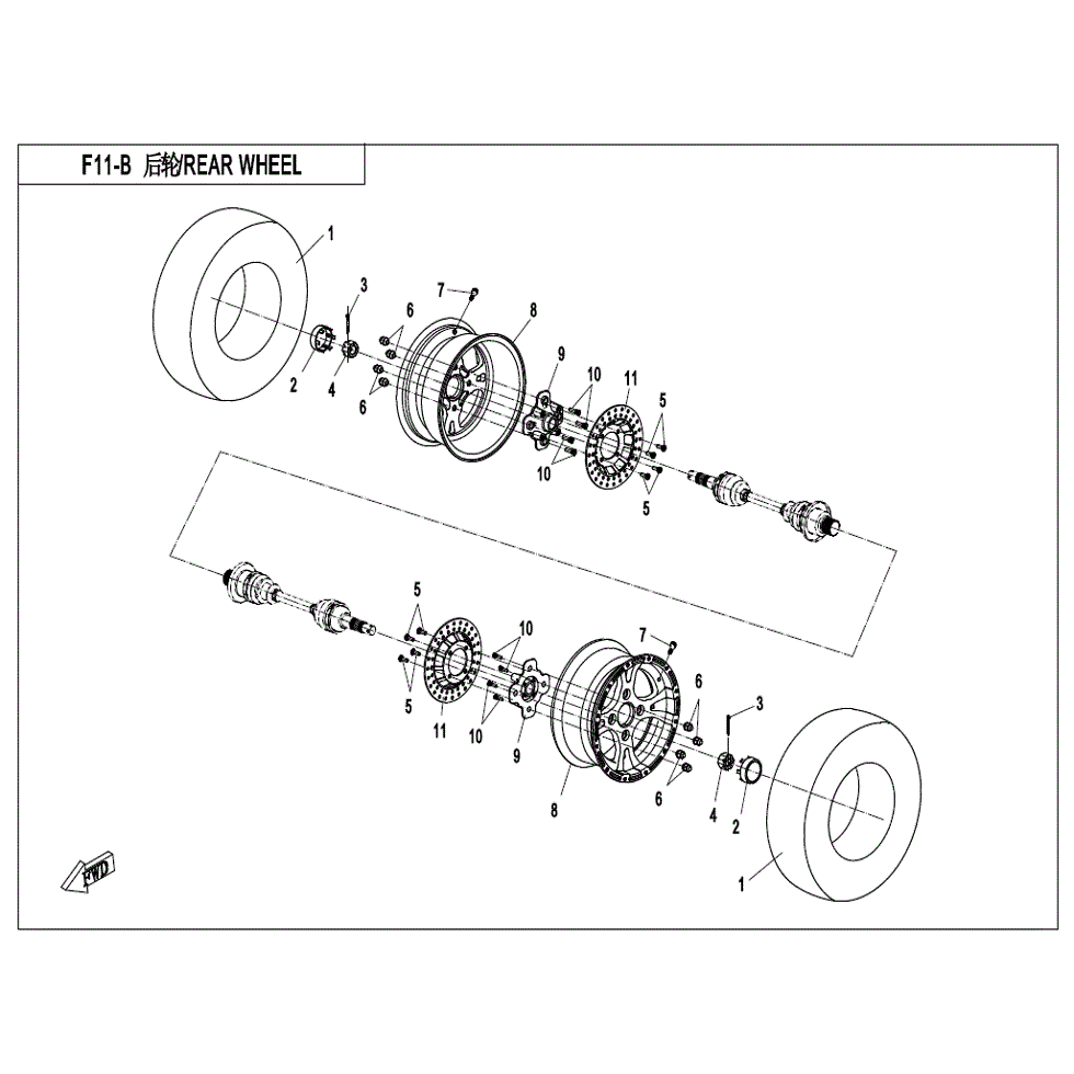An Image of a Genuine CFMOTO Parts Schematic Diagram showing the schematic - REAR WHEEL - 2022 CFMOTO ZFORCE 800 Trail