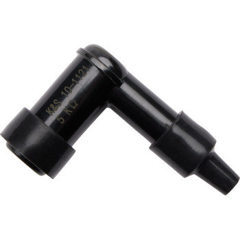 The Spark Plug Resistor Cover 90° Elbow Type by Moose Offroad is a black, L-shaped plastic cap with yellow text and cylindrical ends, similar to NGK resistor covers, designed for use with ceramic resistors on engine components.