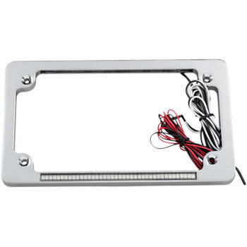 The Dual License Plate Frame Chrome by Custom Dynamics features built-in dual-intensity LEDs and coiled red, black, and white wires on the side.