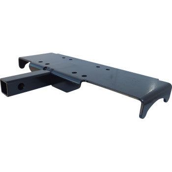 The Winch Mount 1-1/4 Receiver by Kfi Products is a black powder-coated steel hitch adapter with a multi-hole rectangular base and square tube extension—ideal for mounting a Tiger Tail Retractable Tow Rope or winch on your vehicle.