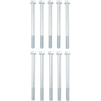 Ten Bolt Flange M6 x 75 bolts from the 10 Pack by Bolt are arranged in two rows of five on a white background. Each silver bolt features threading on one end and a smooth shank, ideal for replacements or assortments.