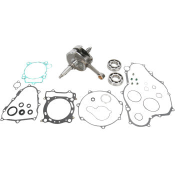 The Yamaha Crankshaft Kit OE Crankshaft Replacement by Hot Rods is displayed on a white background, featuring gaskets, seals, bearings, a crankshaft, and Hot Rods connecting rod arranged to show all components meet OEM specs.