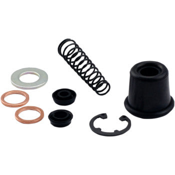 The Prox Master Cylinder Rebuild Kit Rear includes small OEM parts—black spring, rubber/plastic pieces, copper and metal washers, and a black snap ring—perfect for brake master cylinder repairs, shown arranged on a white background.
