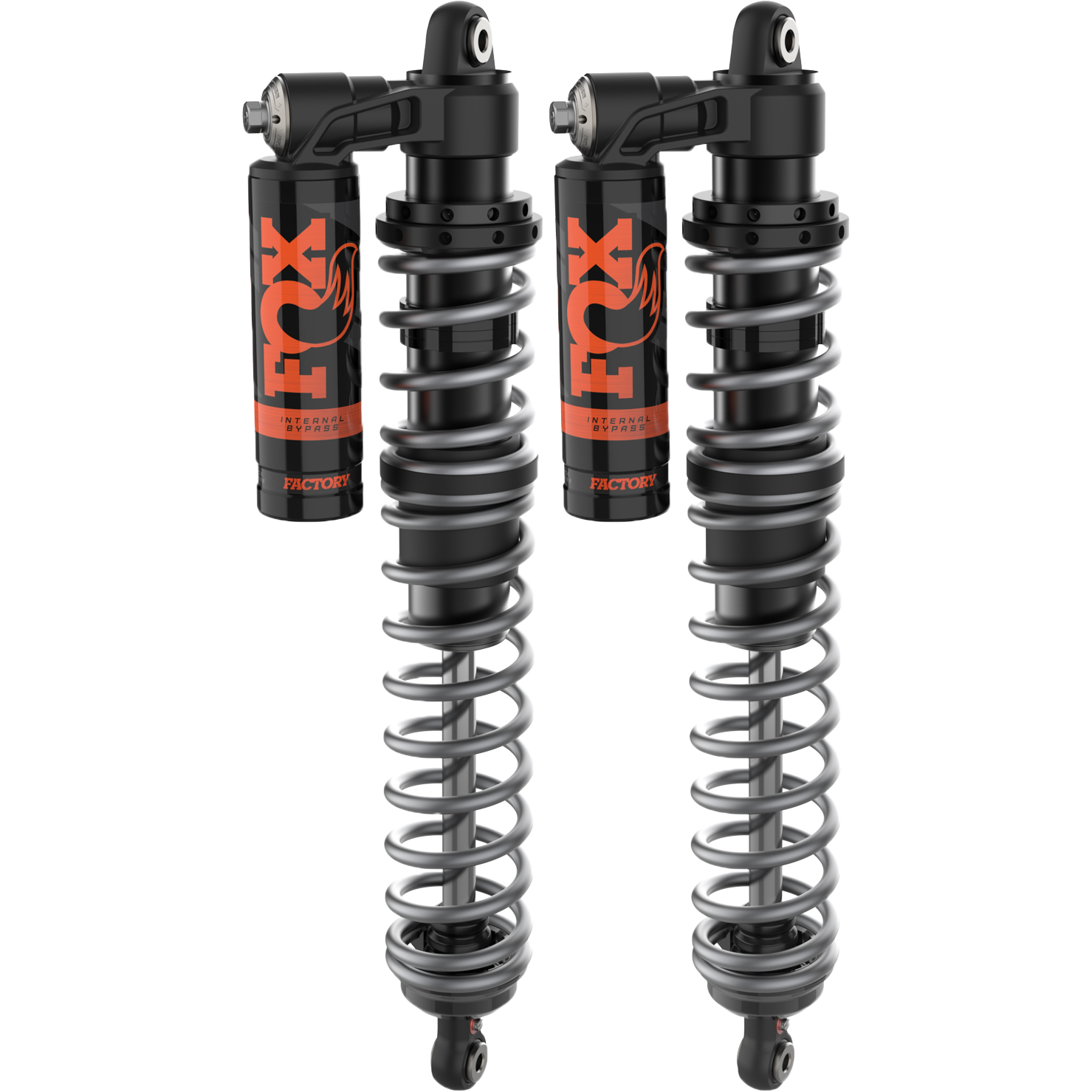 Two black and silver Honda Talon 1000R-4 (4 Seat) (Front) 2.5 Internal Bypass Shocks by Fox with orange FOX logos, coil springs, and advanced Internal Bypass technology, displayed side by side against a white background.