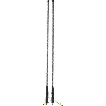 Two 5' Light Rod Magnetic Base poles by Whipitlightrods stand vertically side by side against a white background, each equipped with patterned grips, wrist straps, pointed tips, and vibrant LED chasing color whip lights for enhanced visibility.