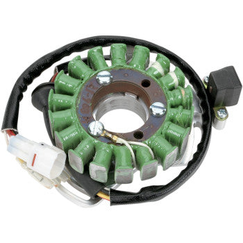Circular Yamaha high output stator with green coil windings, black wrapped wiring, and white connector plug.