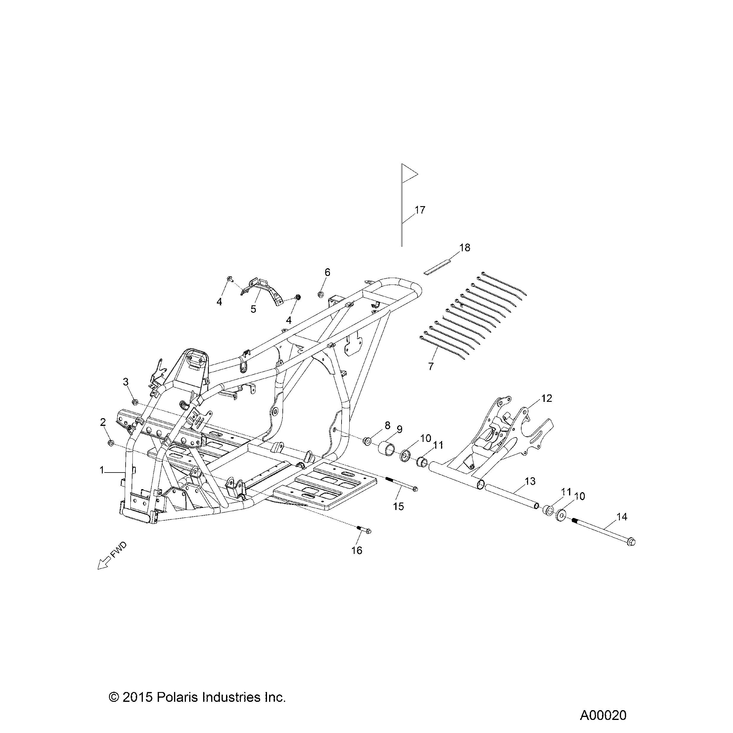 An Image of a Genuine Polaris Parts Schematic Diagram showing the schematic - CHASSIS: FRAME - 2022 POLARIS OUTLAW 110