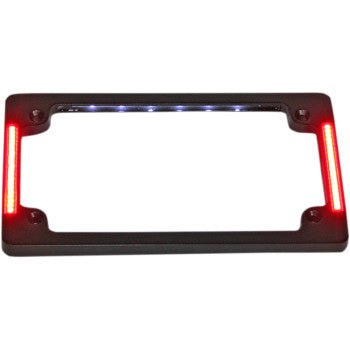The License Plate Frame with LED Flat Black by Custom Dynamics features dual-intensity red LEDs on each vertical side for motorcycle brake lights and white LEDs along the top edge.