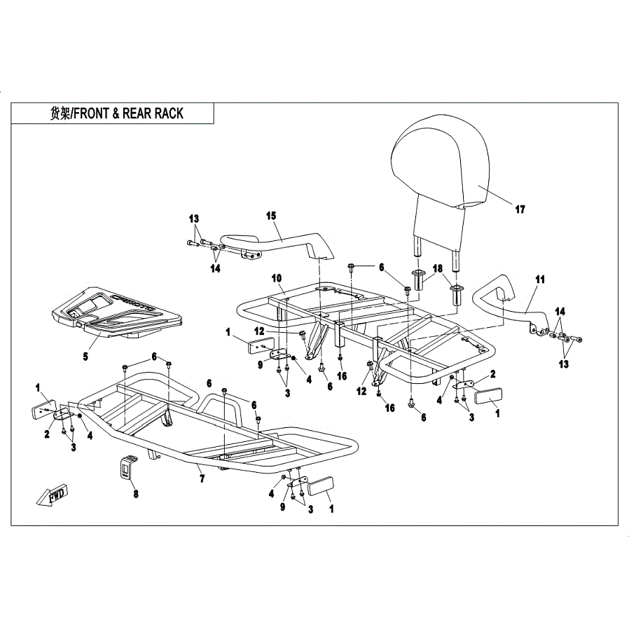 An Image of a genuine CFMOTO Parts Schematic Diagram showing the group - RACK (STEEL) - 2019 CFMOTO CFORCE 600