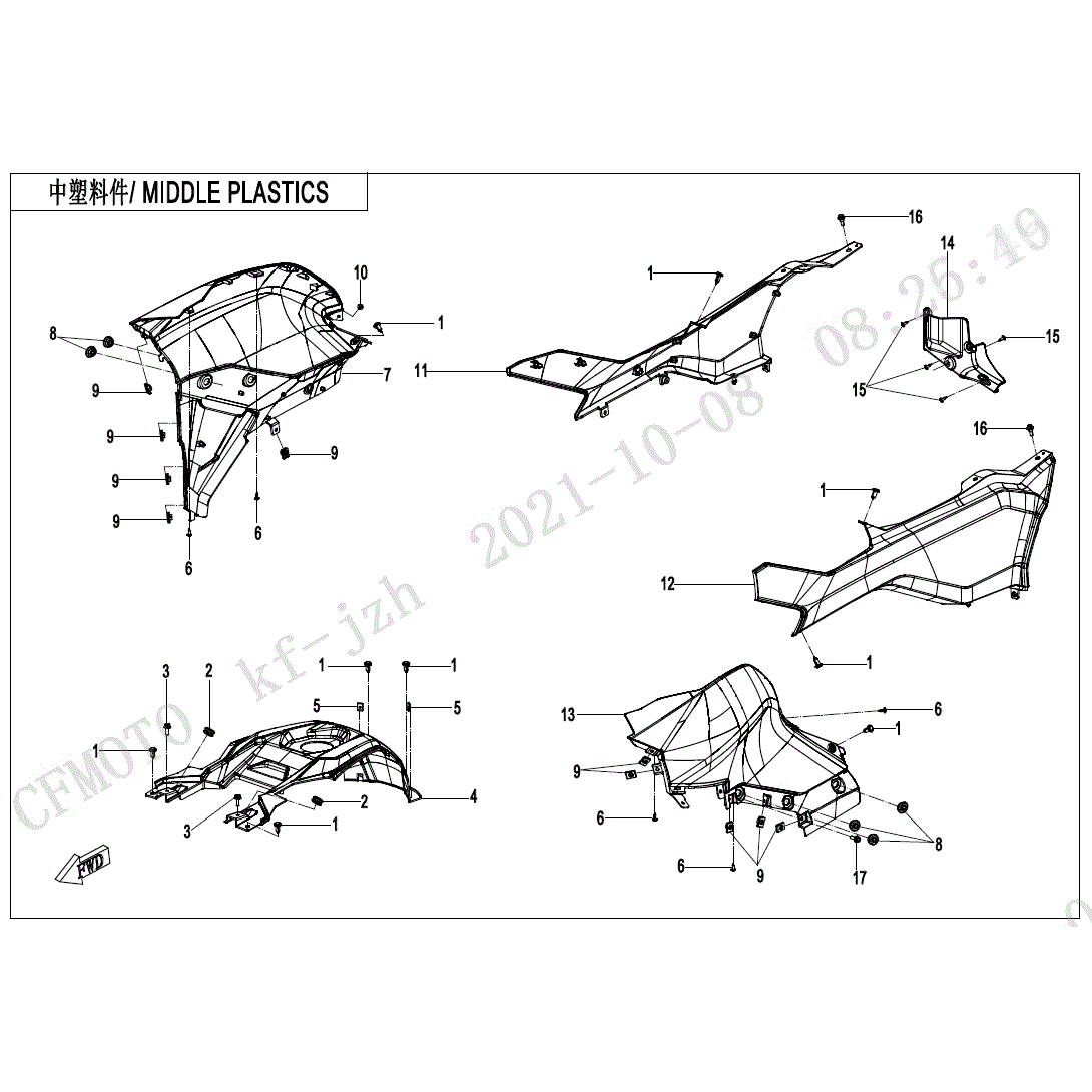 An Image of a genuine CFMOTO Parts Schematic Diagram showing the group - MIDDLE PLASTICS - 2023 CFMOTO CFORCE 600 TOURING