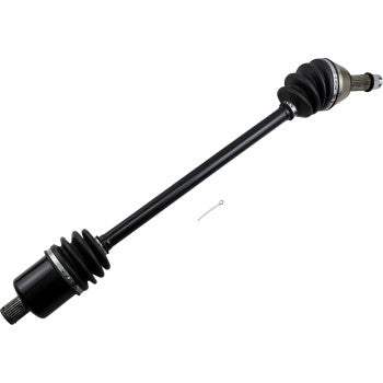 Black metal Polaris RZR 1000 CV axle with rubber protective boots on both ends and a small metal pin alongside.