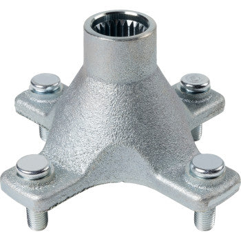 The Polaris Wheel Hub Rear by Moose Offroad is a metallic, four-bolt flange hub with a central splined opening and textured silver finish, ideal for secure rear wheel mounting on Polaris off-road vehicles.