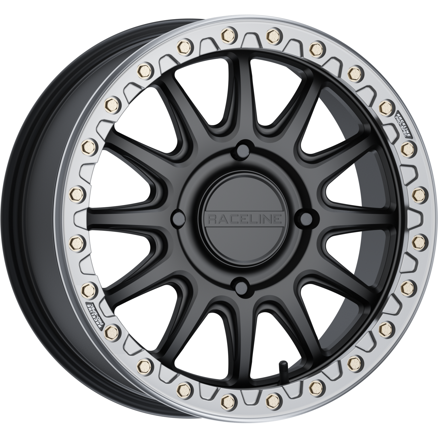 The 17x7 ATV/UTV Alpha Beadlock wheel by Raceline features a black and gunmetal finish, multi-spoke design, gold bolts on the rim, RACELINE-branded center cap, and a 4x137 bolt pattern with +25mm offset.