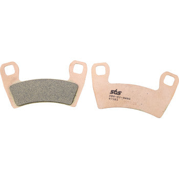Pair of off-road sintered brake pads with copper-colored metal backing and gray friction surface, branded SBS.