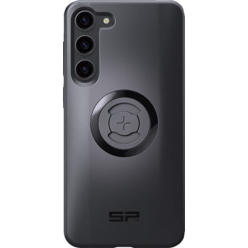 The SPC+ Phone Case Samsung Galaxy S23+ by Sp Connect is a sleek black case with three camera cutouts, a circular raised grip in the center, glossy MagSafe-compatible finish, and SP printed near the bottom.