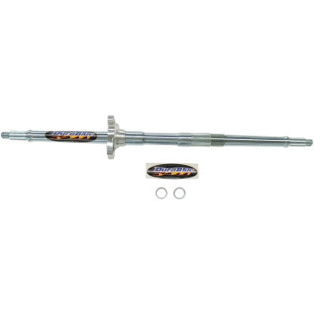 The Kawasaki - Suzuki Axle Performance Heavy Duty by Dura Blue is a metal axle shaft with a central flange and two small rings below. It delivers twice the strength of stock axles and features a Durablue logo sticker under the axle.