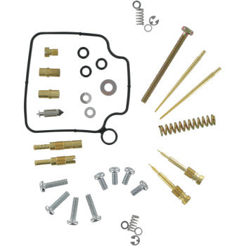 Honda Carburetor Repair Kit by K&L Supply features screws, springs, o-rings, gaskets, carb jets, and other small metal parts from a quality Honda rebuild kit neatly arranged on a white background.