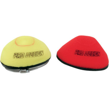 The image shows two Yamaha Replacement Air Filter Pro Flow by Pro Design foam filters—one yellow with a metal clamp, one red. Both cone-shaped filters are labeled "PRO DESIGN" and offer greatly improved airflow compared to stock filters.