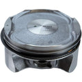Gray metallic piston assembly with smooth top, engraved markings, and black piston rings.