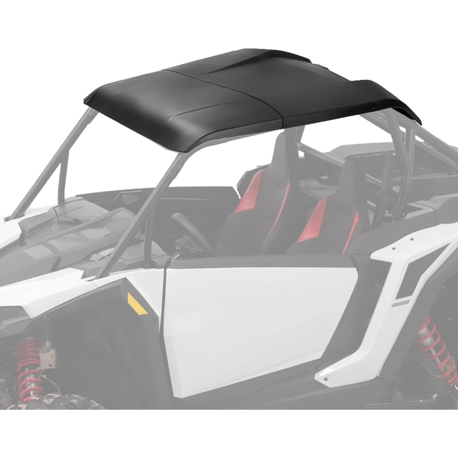 A black Polaris RZR XP 1000 3-in-1 UTV Roof Hard Top by Kemimoto is installed on a white RZR XP 1000, highlighting its sleek, aerodynamic design above two visible red and black seats; the rest of the vehicle is shown faded to emphasize the roof.