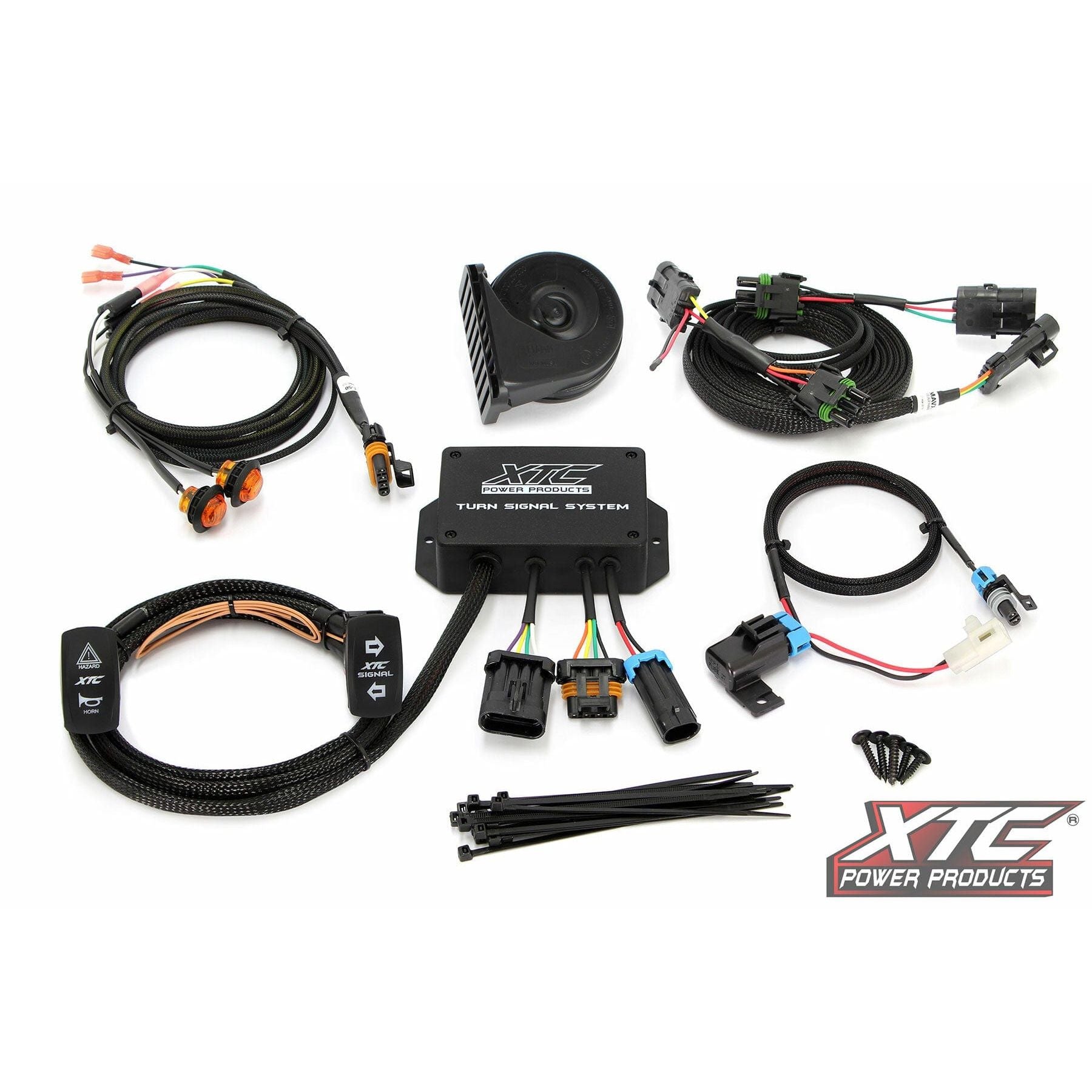 The Standard Turn Signal Kit Can by XTC Power includes OEM harness integration, wiring harnesses, connectors, marine switch, horn, control box, relays, zip ties, and features the XTC Power Products logo on a white background.