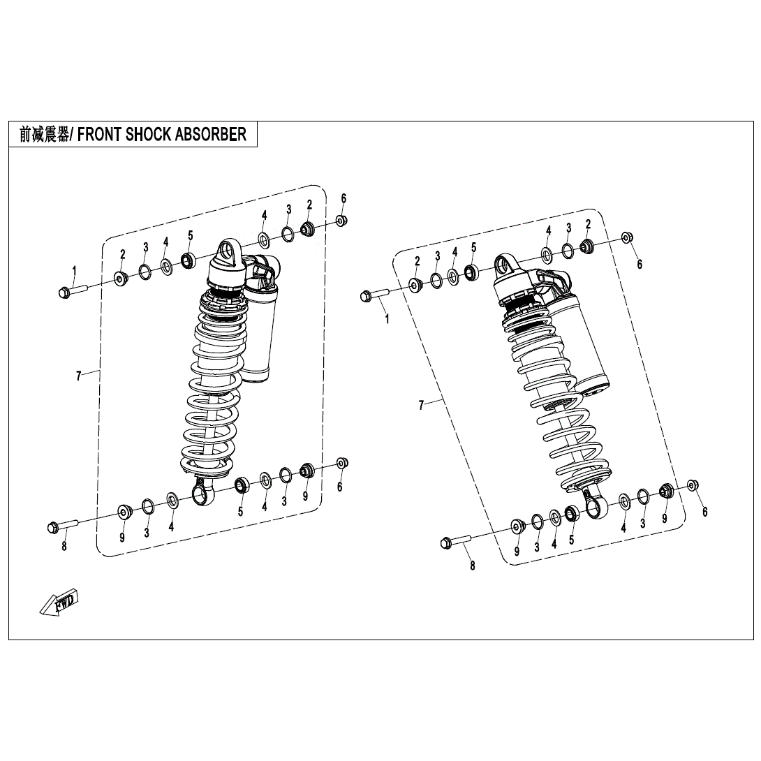 An Image of a Genuine CFMOTO Parts Schematic Diagram showing the schematic - FRONT SHOCK ABSORBER - 2020 CFMOTO ZFORCE 950 Sport