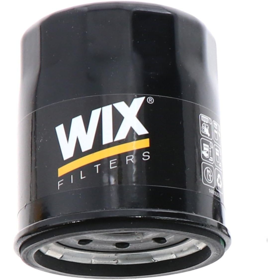 Black cylindrical Wix oil filter 51356 with white and orange logo on the side and metal threaded base.