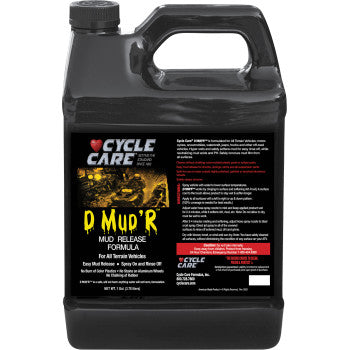 A black plastic jug labeled "D MUD'R Cleaner 1 U.S. gal. by Cycle Care Formulas," an off-road vehicle cleaner for ATVs, features white, yellow, and red text with usage instructions and product information on the label.