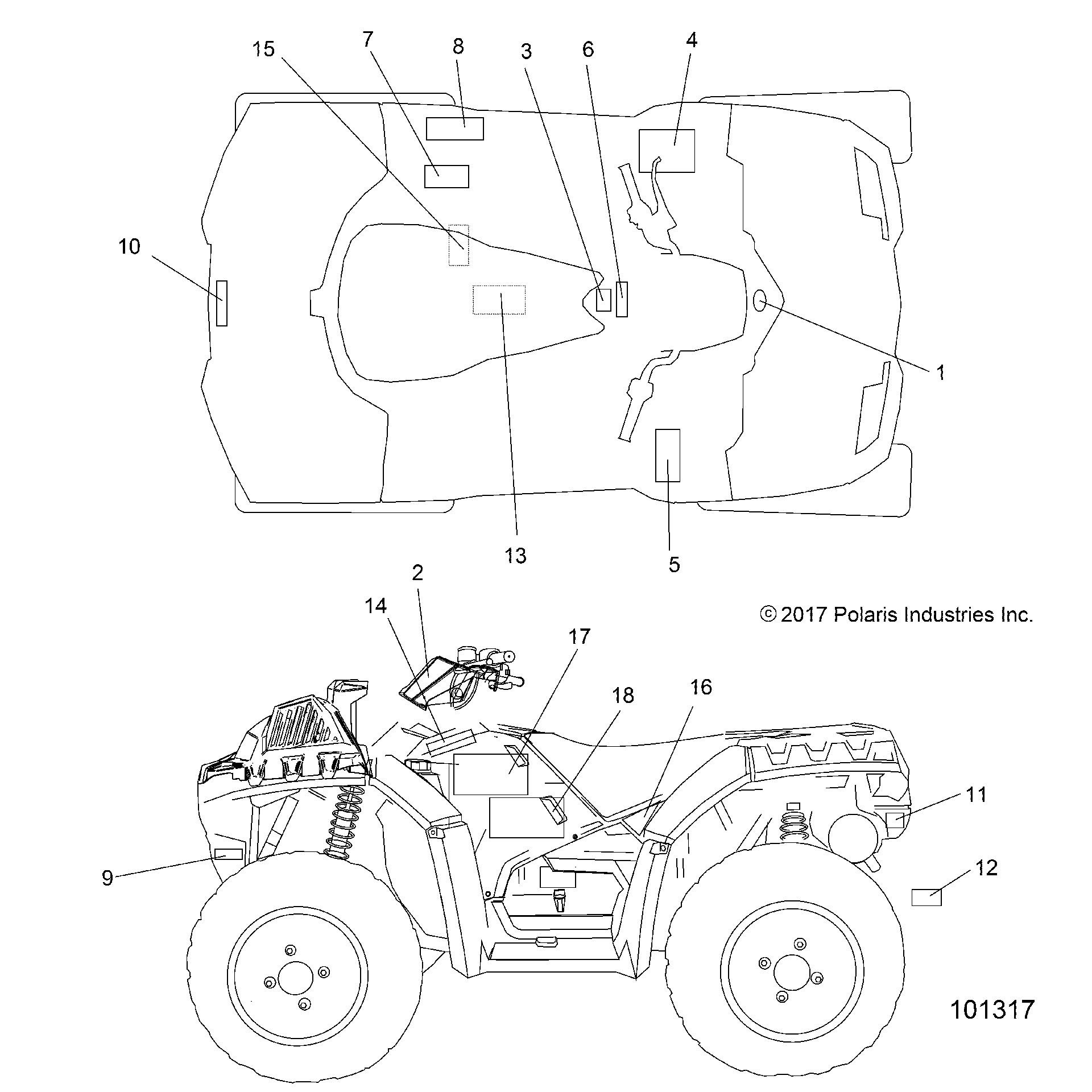 An Image of a Genuine Polaris Parts Schematic Diagram showing the schematic - BODY: DECALS - 2019 POLARIS SPORTSMAN 850 HIGH LIFTER