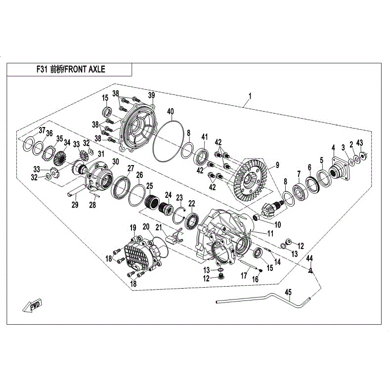 An Image of a Genuine CFMOTO Parts Schematic Diagram showing the schematic - FRONT AXLE (DIFFERENTIAL) - 2018 CFMOTO ZFORCE 1000