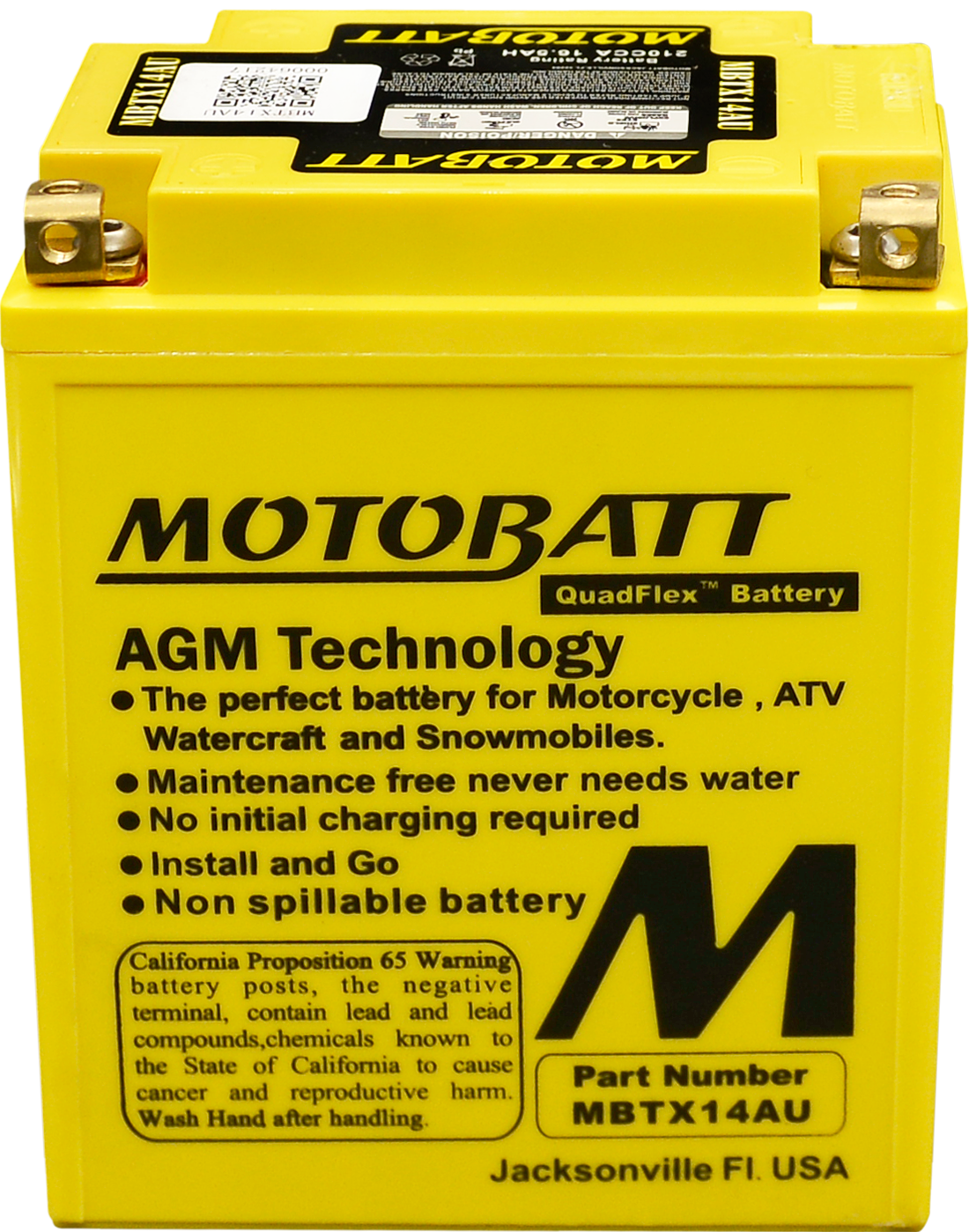 The yellow Mbtx14Au Sealed Factory Activated AGM Battery by MotoBatt features a multi-terminal, maintenance-free, spill-proof design—ideal for motorcycles, ATVs, watercraft, and snowmobiles. Part number MBTX14AU is shown.