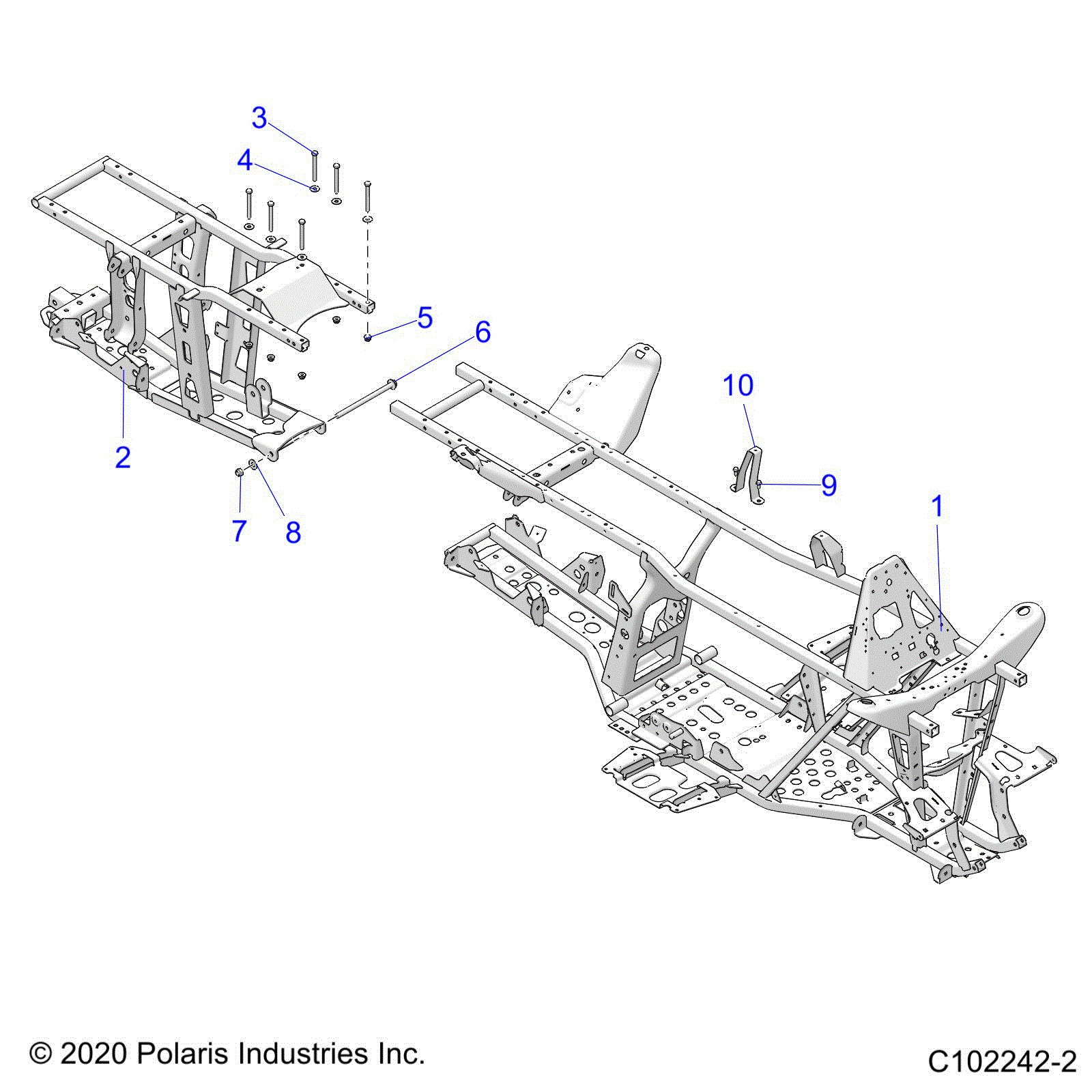 An Image of a Genuine Polaris Parts Schematic Diagram showing the schematic - CHASSIS: FRAME - 2020 POLARIS SPORTSMAN 570 6X6