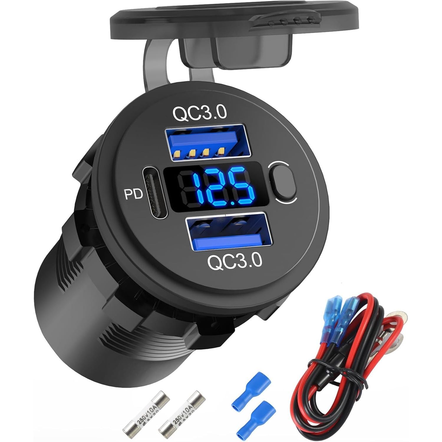 Black round 2-port USB charger with digital voltage display, protective cap, and included wiring harness and connectors.