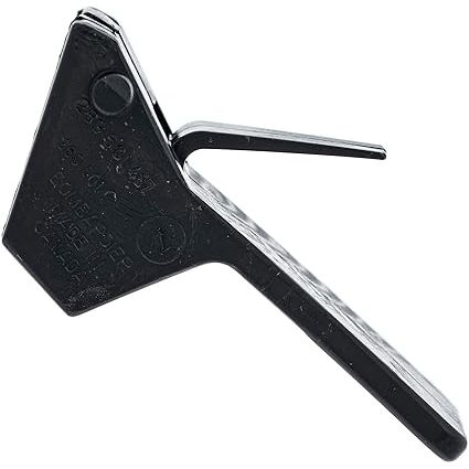 The Latch by Can-Am is a black metal roofing seam clamp with a triangular base and two handles, ideal for securing Can-Am UTV parts to standing seam metal roofs. Embossed text on the surface displays specifications.