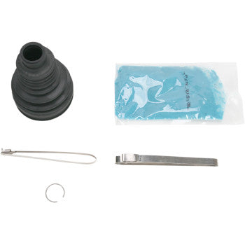 The Polaris RZR Sportsman Ranger CV Boot Kit Rear Inboard by Epi features a black polychloroprene boot, blue molybdenum disulfide grease, a small snap ring, and two clamps, all displayed on a white background.